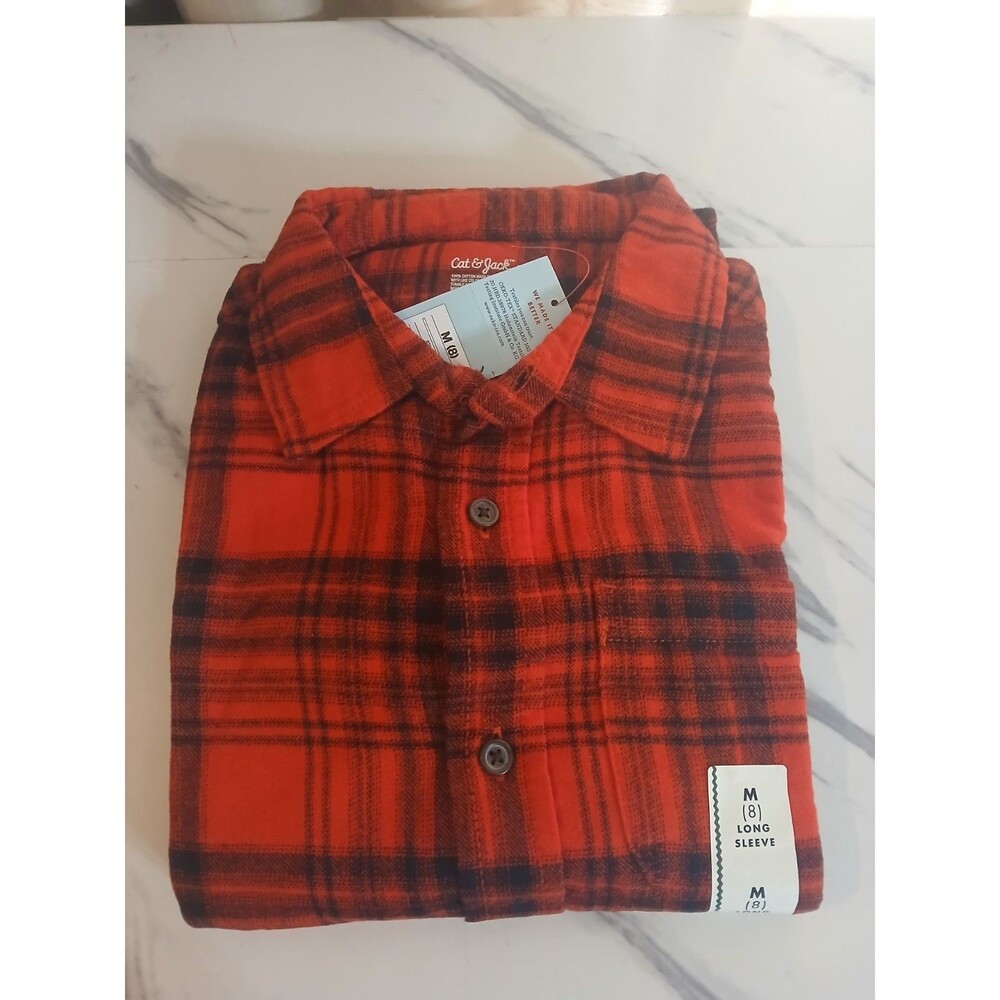 Cat & Jack Boys M 8 Red Black Plaid Flannel Shirt Long Sleeve Button Down